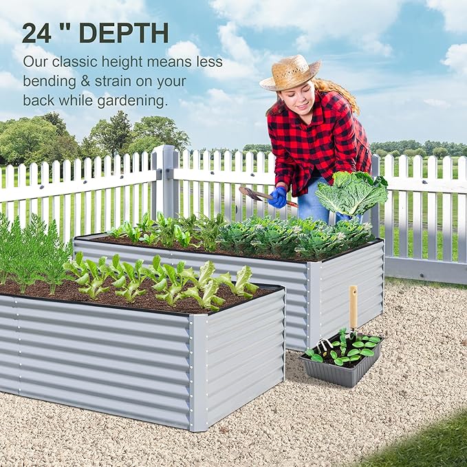Domi Raised Garden Beds Outdoor, 8x4x2ft Thickening Tall Metal Rectangular Deep Root Box Planter for Vegetables, Flowers, Herbs, and Succulents 2" Deep w/ 456 Gallon Capacity - Silvery-PawvioPets