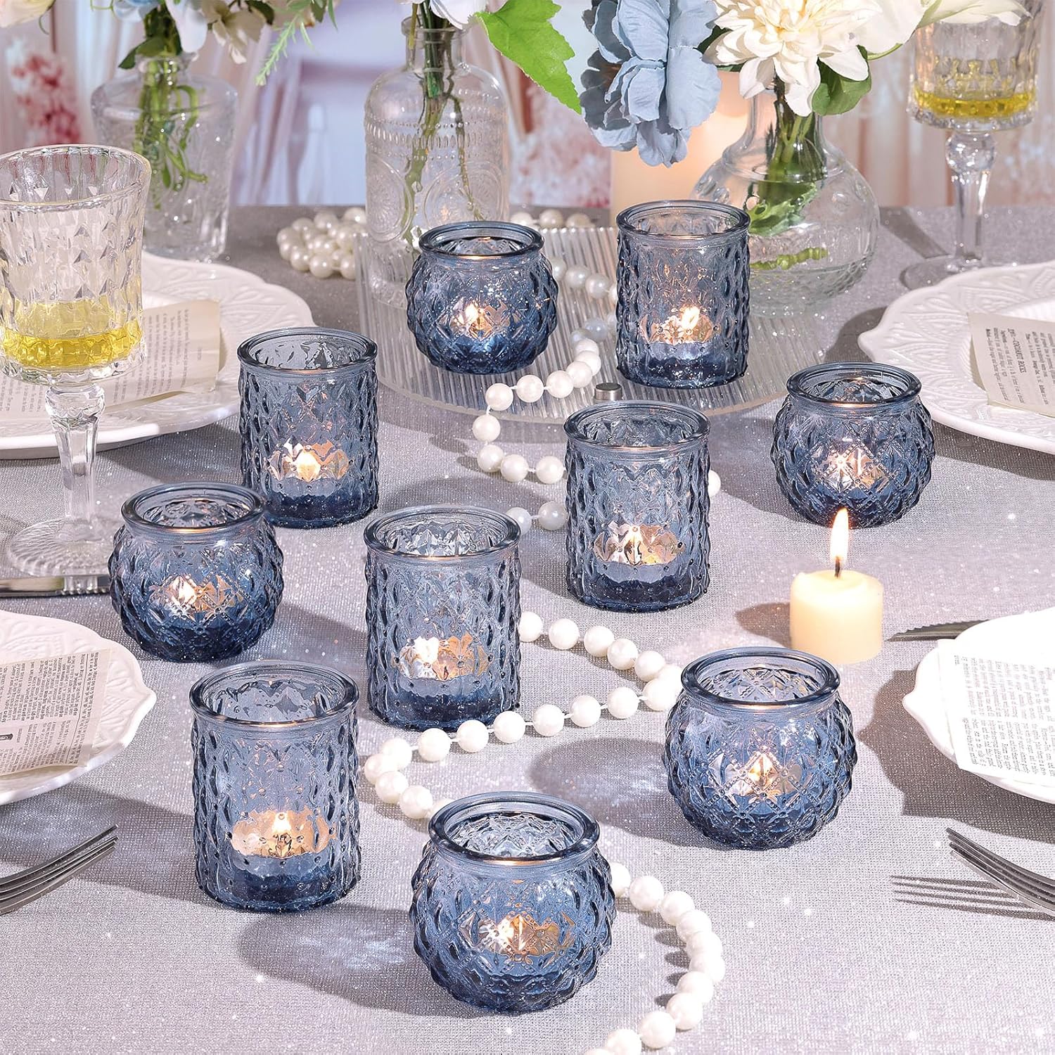 12pcs Assorted Blue Votive Candle Holders, Tea Lights Candle Holder for Wedding Decor, Blue Candle Holders for Table Centerpiece, Bridal Shower, Baby Shower Decorations