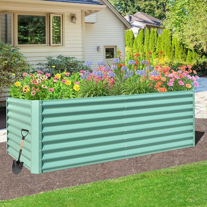Domi Raised Garden Beds Outdoor, 8x4x2ft Thickening Tall Metal Rectangular Deep Root Box Planter for Vegetables, Flowers, Herbs, and Succulents 2" Deep w/ 456 Gallon Capacity - Green-PawvioPets