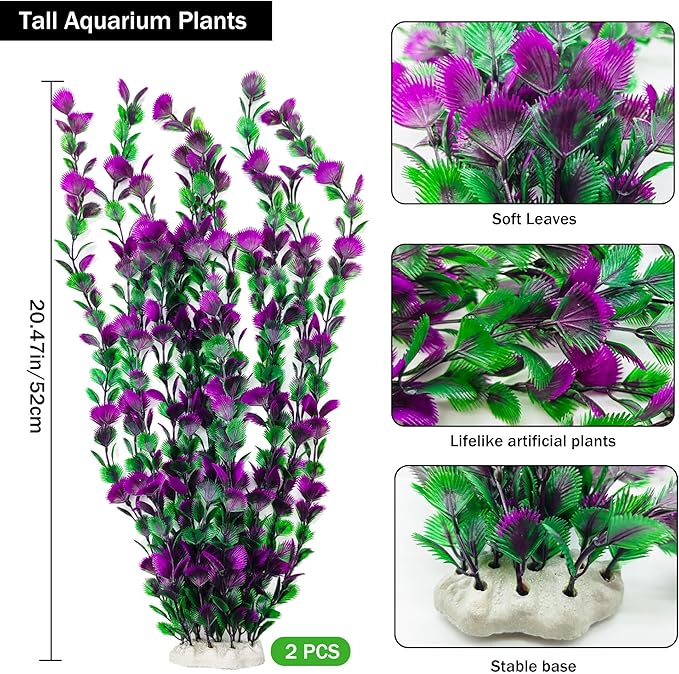 20.47 Inch Tall Aquarium Plants – Large Lifelike Artificial Fish Tank Decorations, 2 Pcs Fish Tank Plants Plastic，Durable & Safe for Freshwater/Saltwater Aquariums (Purple (Style C))-PawvioPets
