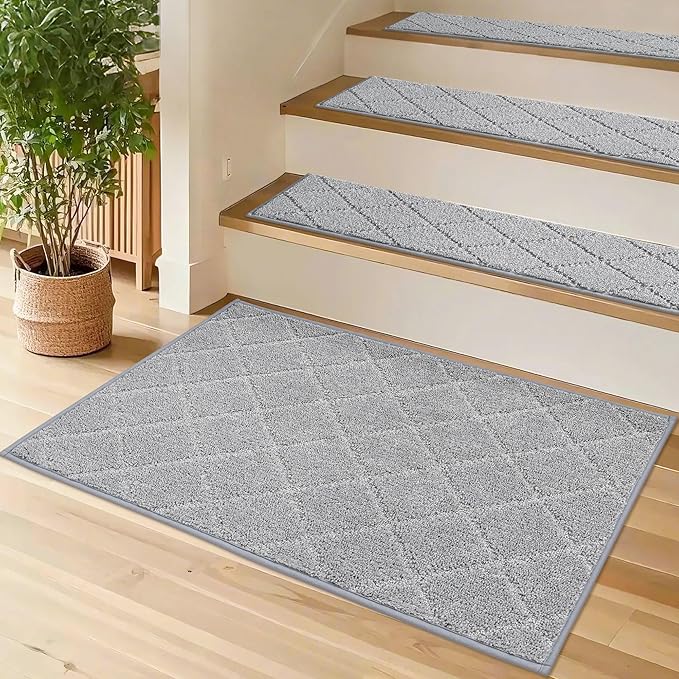 COSY HOMEER Edging Stair Treads Non-Slip Corner Indoor Stair Runners for Wooden Steps,Landing Slip Resistant Stair Rugs for Kids and Dogs, 100% Polyester TPE Backing,Grey,20"X32"-PawvioPets