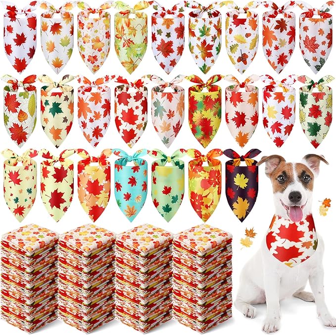 Abbylike 200 Pcs Fall Dog Bandanas Bulk Maple Leaves Bandanas for Dog Pet Triangle Kerchief Bibs Scarf for Fall Autumn Thanksgiving Costume Photo Props Accessories Pet Shops Adoption Events, 25 Styles-PawvioPets