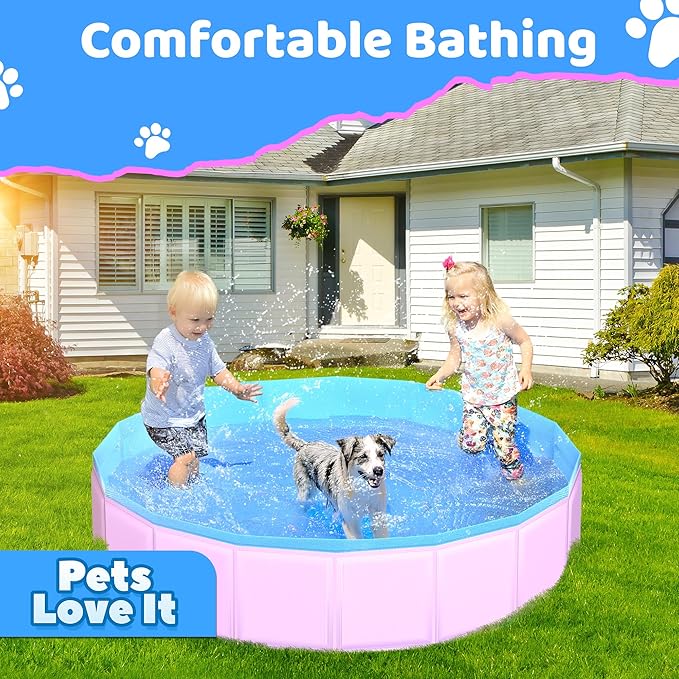 2025 Updated Foldable Dog Pool, 79" x 12" Kiddie Pool with Hard Plastic, Non-Slip Dog Bath Tub for Outdoor Backyard, Collapsible Dog Swimming Pool for Kids Dogs Pets (Pink)-PawvioPets