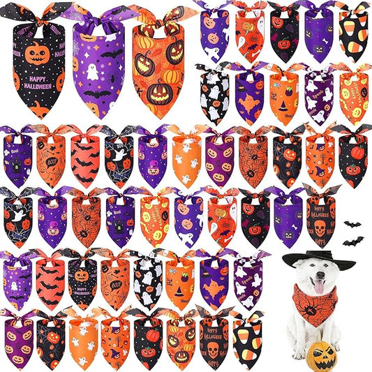 Abbylike 50 Pcs Halloween Dog Bandanas Bulk Pumpkin Bandanas for Dogs Triangle Kerchief Bibs Scarf Set for Pet Halloween Costume Photo Props Accessories Pet Shops, 25 Styles (25.6 x 17.7 x 17.7")-PawvioPets