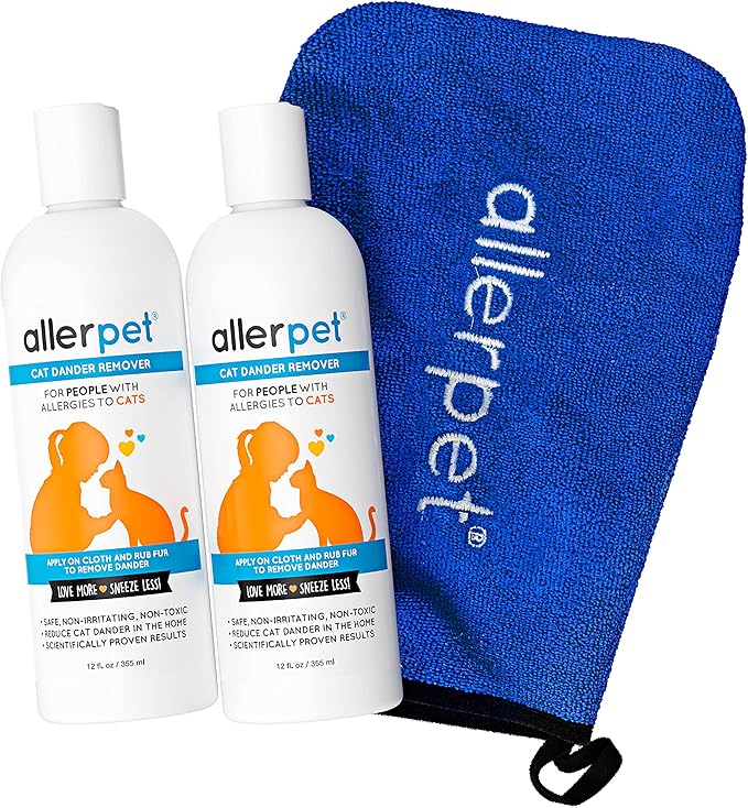 Allerpet Cat Dander Remover w/Free Applicator Mitt - Effective Cat Dander Reduction - Anti Allergen Solution Made in USA - 2 Pack (12oz)-PawvioPets