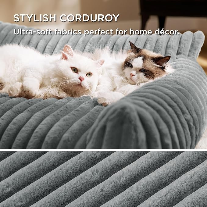 Bedsure Cute Cat Couch for Pets - Fluffy Cat Sofa with Premium Soft Corduroy Fleece, Fuzzy Pet Couch Bed with Removable Washable Cover, Supportive Pet Chair for Indoor Cats, 24inch, Warm Grey-PawvioPets