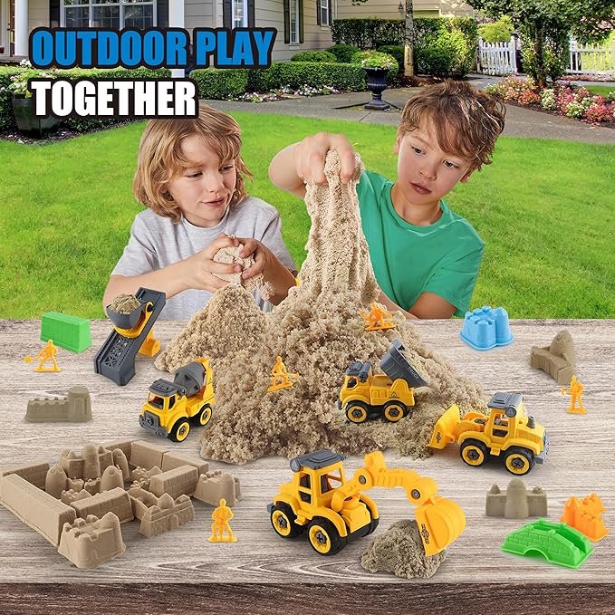 Construction Sandbox with Lid - 4 Vehicles with 1 Conveyor, 8 Castle Molds, 6 Figures & 3lbs Moldable Sand - Preschool Sensory Bin for Fine Motor Skills, Ages 3-6-PawvioPets