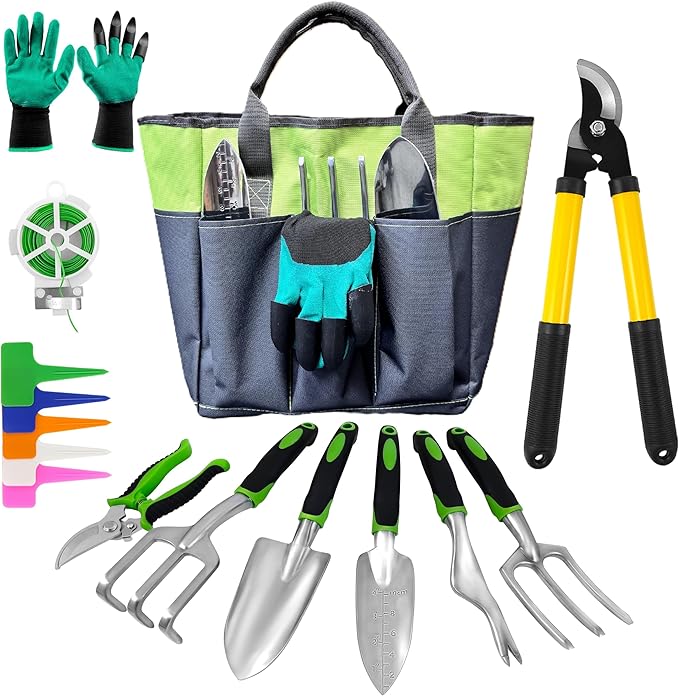 41-Piece Premium Gardening Tool Set, Stainless Steel Heavy Duty Gardening Tool Kit, with Non-Slip Rubber Grip, Storage Tote Bag, Outdoor Hand Tools, Ideal Gardening Gifts for All (Green/Grey)-PawvioPets