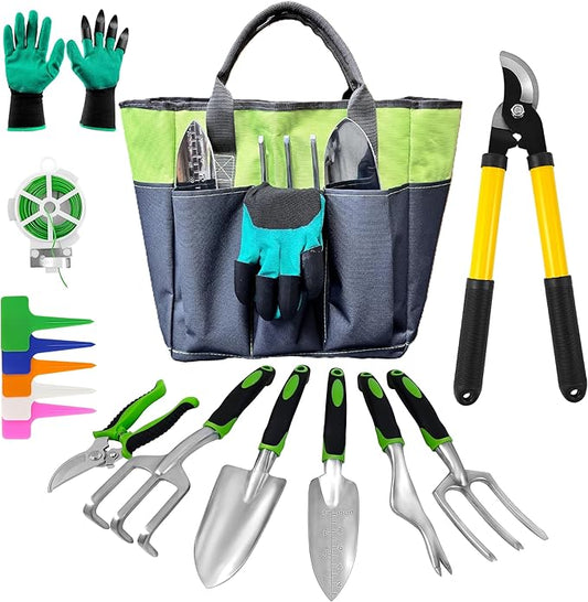 41-Piece Premium Gardening Tool Set, Stainless Steel Heavy Duty Gardening Tool Kit, with Non-Slip Rubber Grip, Storage Tote Bag, Outdoor Hand Tools, Ideal Gardening Gifts for All (Green/Grey)-PawvioPets