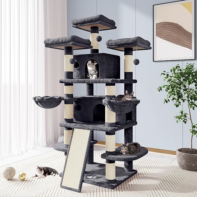 Allewie 68 Inches Cat Tree/House and Towers for Big Feline/Scratching Post/Multi-Level Large Kitty Climbing Tree with Condo/Smokey Grey-PawvioPets