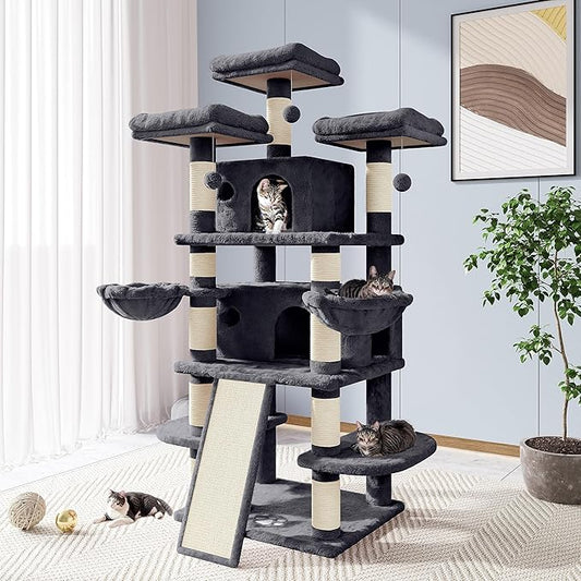 Allewie 68 Inches Cat Tree/House and Towers for Big Feline/Scratching Post/Multi-Level Large Kitty Climbing Tree with Condo/Smokey Grey-PawvioPets