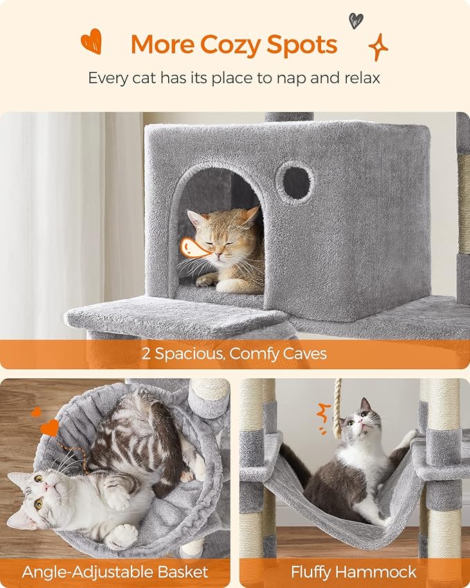Feandrea Cat Tree, 81.1-Inch Large Cat Tower with 13 Scratching Posts, 2 Perches, 2 Caves, Basket, Hammock, Pompoms, Multi-Level Plush Cat Condo for Indoor Cats, Light Gray UPCT190W01-PawvioPets