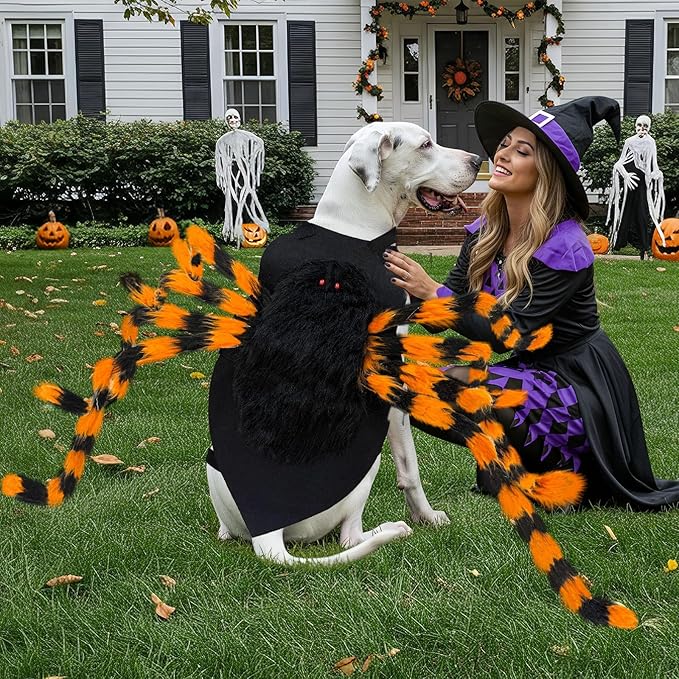 Dog Halloween Costume Large Breed, Furry Dog Spider Costume with 64 LED, Funny Halloween Dogs Costumes for Large Dogs Medium Pet Halloween Party Cosplay (Orange)-PawvioPets