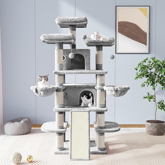 Allewie 68 Inches Cat Tree/House and Towers for Big Feline/Scratching Post/Multi-Level Large Kitty Climbing Tree with Condo/Light Grey-PawvioPets