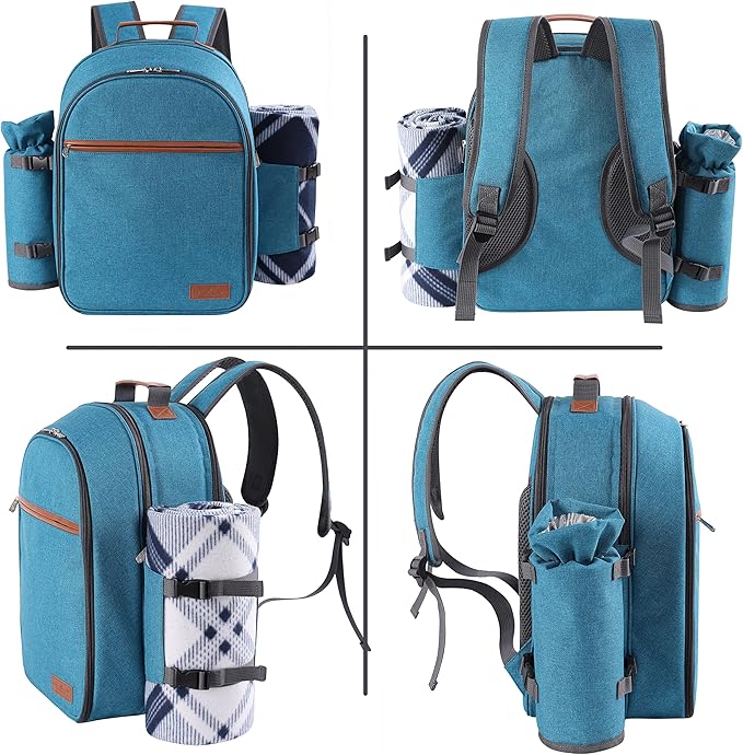 Apollo Walker Picnic Backpack Set for 2 Person with Cooler Compartment, Detachable Bottle/Wine Holder, Fleece Blanket, Plates and Cutlery Set (Teal)-PawvioPets