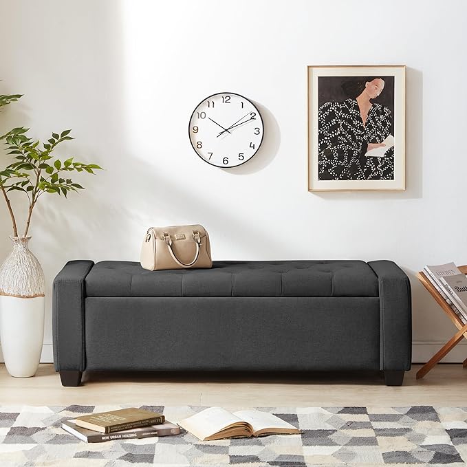 48" Ottoman with Storage, Storage Ottoman Bench with Safety Hinge, Upholstered Entryway Bench with Seating for Bedroom, Living Room, Holds up to 330 lb, Dark Gray-PawvioPets