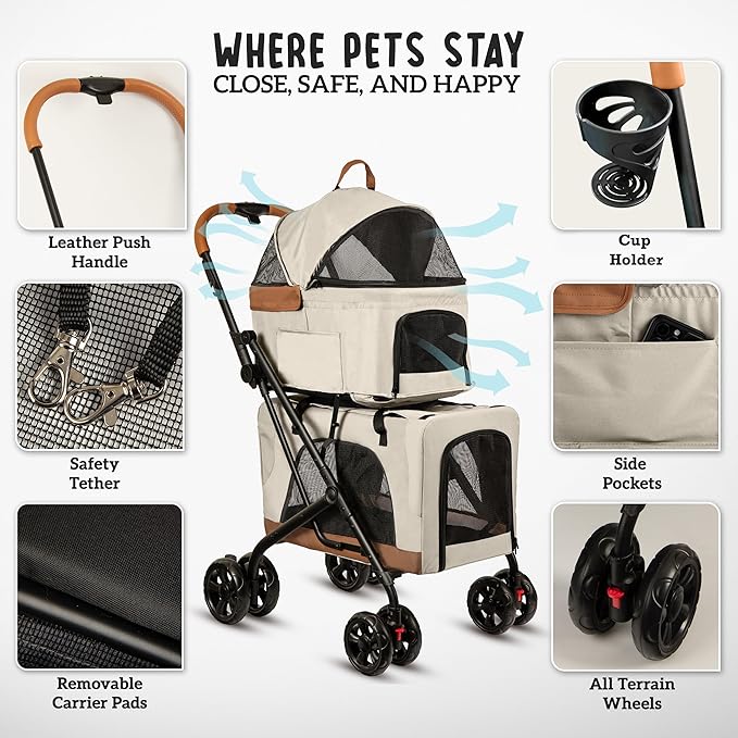 Double Pet Stroller with Detachable Carriers - Ideal for 2 Dogs or Cats - Compact & Convenient Design - Easy Assembly Double Dog Stroller - Cosmic Beige-PawvioPets