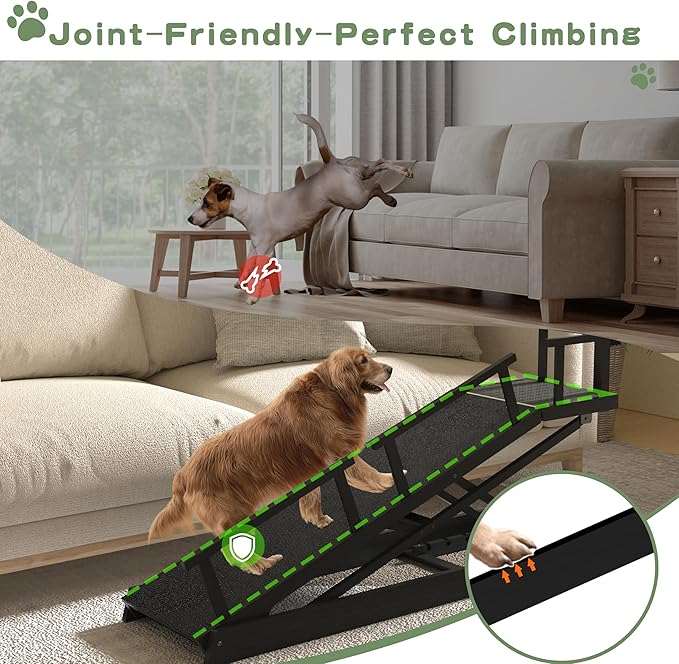 6 Level Height Adjustable Dog Ramp for Bed, Couch 65" Foldable Pet Ramp with Non-Slip Mat，DIY Glow Strips & Rest Platform Heavy Duty Dog Stairs for Large Dogs up to 200Lbs ，Black-PawvioPets