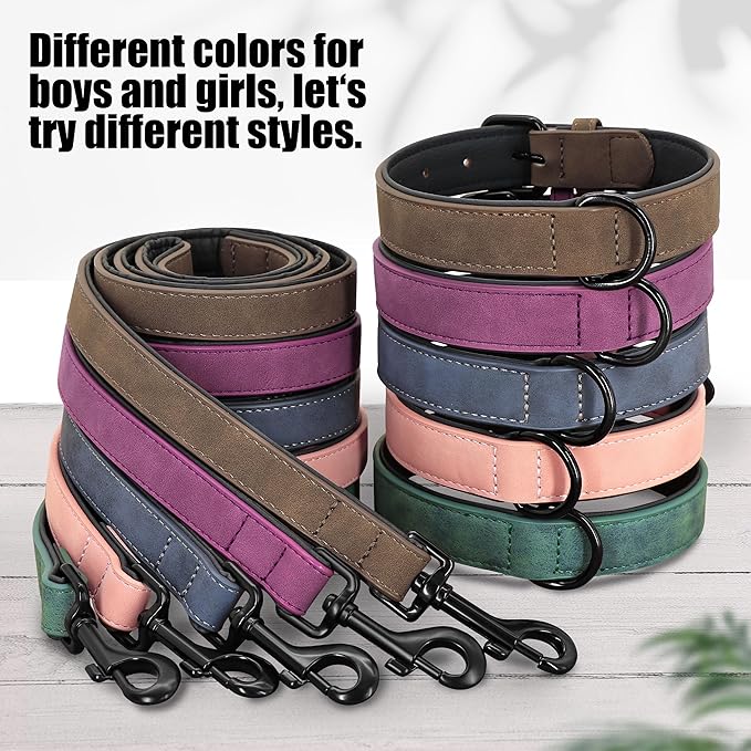 Didog Soft Padded Leather Dog Collar and Leash Set, Adjustable Dog Leash and Collar Set with Metal Buckle, Breathable Dog Collars with 4FT Leather Dog Leash for Small Medium Large Dogs, Brown, L-PawvioPets