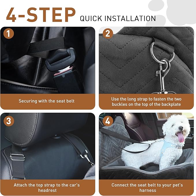 Dog Car Seat Booster with Waterproof Cover, Memory Foam, Small/Medium Dog Bed for Car Back Seat for Travel, Black/Grey, 2 Safety Belt-PawvioPets