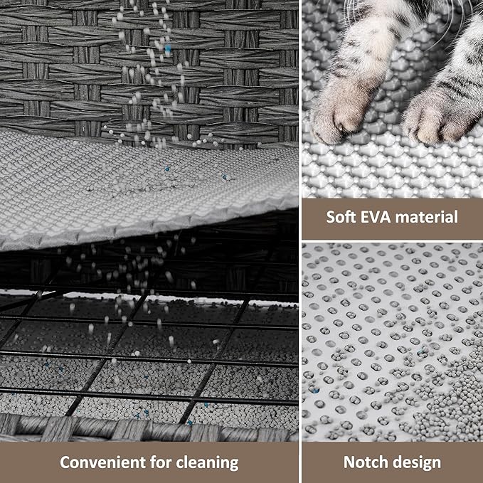 Cat Litter Box Enclosure with Soft Litter Mat; Hidden Kitten Washroom Furniture with Door; Handwoven Rattan Cat House; Pet Crate for Living Room, Bedroom, Balcony (Grey)-PawvioPets
