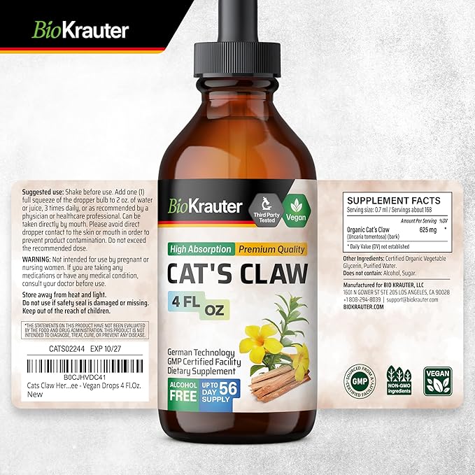 BIO KRAUTER Cats Claw Tincture - Liquid Cats Claw Herb for Immune Support - Alcohol & Sugar Free - Vegan Drops 4 Fl.Oz.-PawvioPets