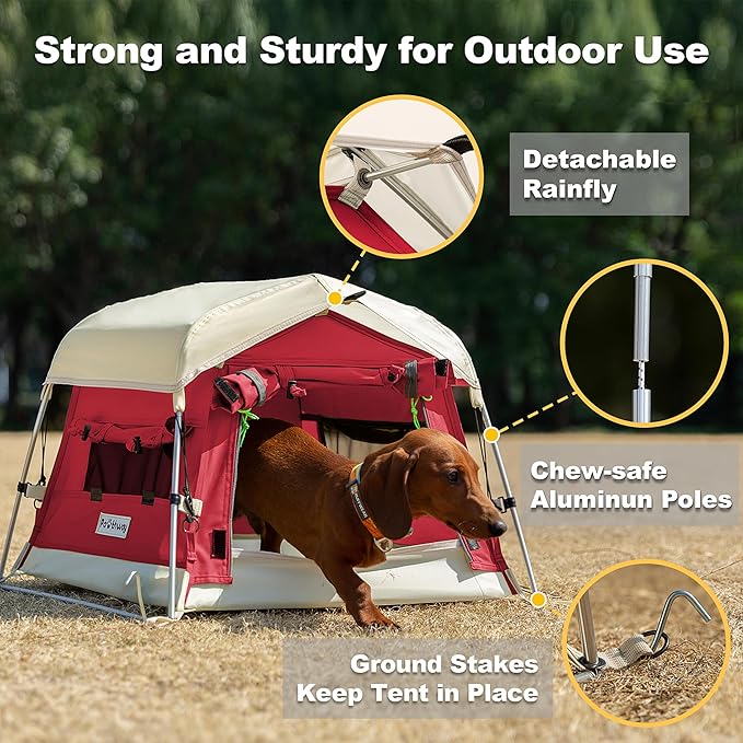 Dog Tent Cotton Fabric, Aluminum Poles and Camping Mat, Outdoor Weatherproof, Dog House Outdoor, Breathable with 2 Side Windows, Portable and Collapsible (Red, Small)-PawvioPets