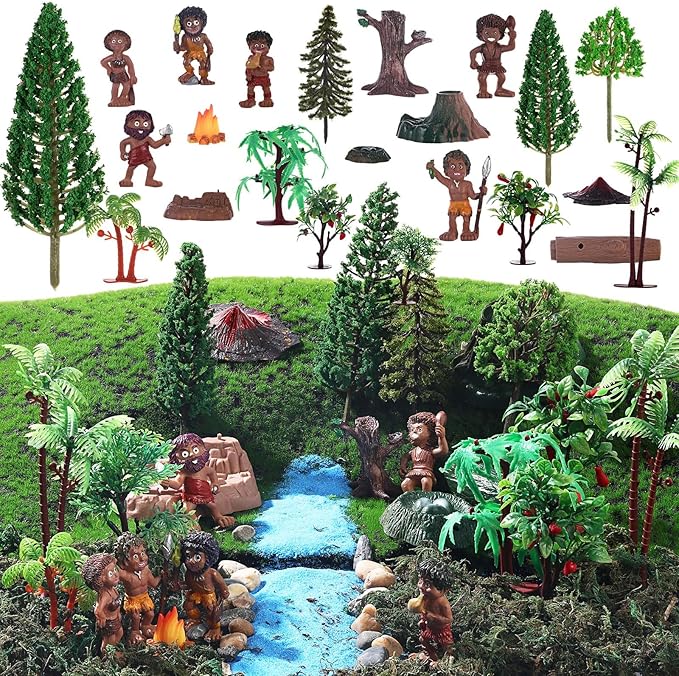 27 Pcs Primitive Man Figurines Kit, Include Diorama Supplies Mini People Figures Mixed Model Trees Stone Sand for Diorama Box Educational School Project Gift-PawvioPets