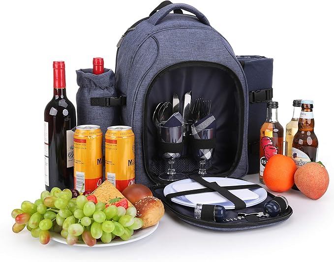 Apollo Walker Picnic Backpack Bag for 2 Person with Cooler Compartment, Detachable Bottle/Wine Holder, Fleece Blanket, Plates and Cutlery Set (2 Person, Navy)-PawvioPets
