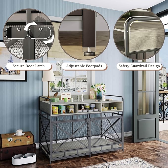 Dog Crate Furniture, 48" Heavy Duty Wooden Dog Crate End Table, XL Dog Kennel Furniture Large Breed, Decorative Dog Kennel Indoor with 3 Drawers & Steel Tubes 48" L x28 W x36 H (Grey)-PawvioPets