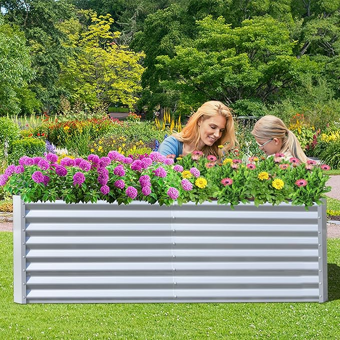 Domi Raised Garden Beds Outdoor, 6x3x2ft Thickening Tall Metal Rectangular Deep Root Box Planter for Vegetables, Flowers, Herbs, and Succulents 2" Deep w/ 256 Gallon Capacity - Silvery-PawvioPets