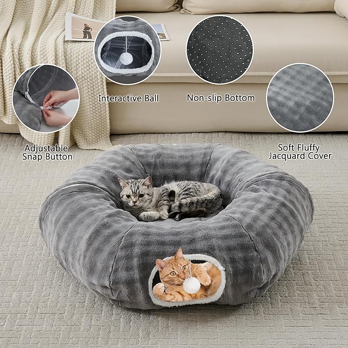 Bubble Cat Tunnel for Indoor Cats, Round Peekaboo Cave Toy with Dangling Balls, Donut Tunnel Bed with Circle Mat for Puppy Kitten Rabbit, Grey-PawvioPets