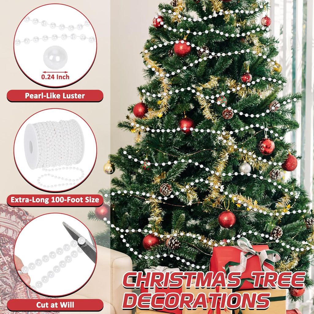 100 Feet White Christmas Tree Garland, Artificial Beads Strands Chain, Christmas Tree Decorations for DIY Xmas Tree Decorations Fireplace Balcony Home Party Decor