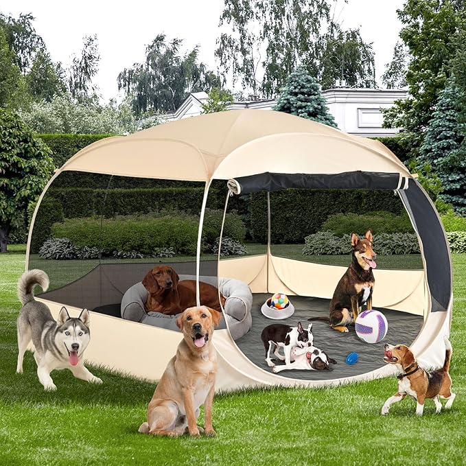 EighteenTek XXLarge Popup Portable Dog Houses, 10'x4.8'H Assembly-Free Gazebo-Style Dog Cot Cat Playpen Screen Pet Tent Sun Shade Shelter Dog Bed with Canopy for Outdoor Anti-Bugs with Leakproof Floor-PawvioPets