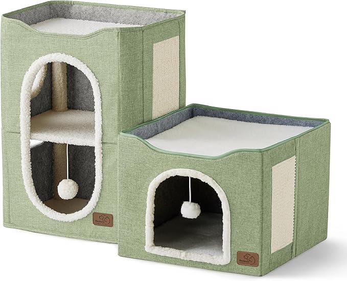 Bedsure 2 Story Cat House - Cat Condos for Indoor Cats with Scratch Pad and Fluffy Ball Hanging, Small Pet Cave Furniture Hideaway for Multi Pets, 18x14x23 inches, Green-PawvioPets