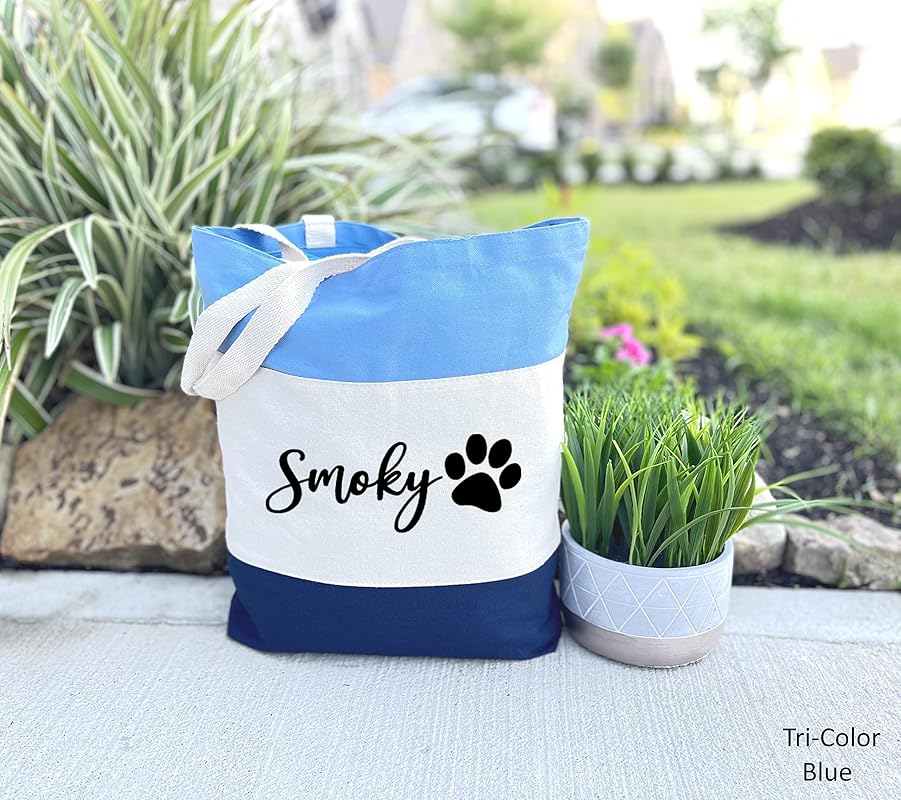 Custom Dog Tote Bag Personalized Dog Mom Gift Dog Toys Totes Pet Gift Custom Pet Bag Gift For Dog Mom Dog Lover Bag (15"L x 15"H x 3"D, Tri-Color Blue)-PawvioPets