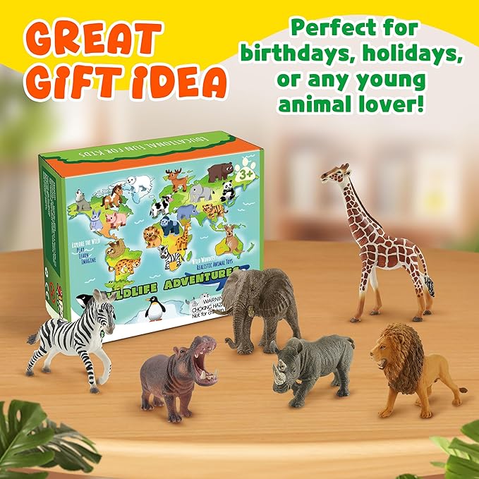 6PCS Safari Animal Figure Toys for Kids 3-5 Realistic Plastic Jungle Animal Figurines African Wildlife Learning Toys for Kids Boys Girls Toddlers-PawvioPets