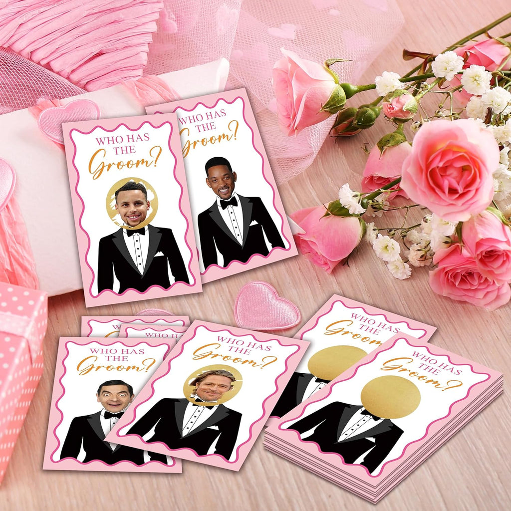 Who Has The Groom Bridal Shower Game Cards, 41Pcs Pink Wedding Shower Scratch Off Games, 3.5"x 2.1" Funny Bachelorette Party Favor Decor, Engagement Party Ideas Activities-A06