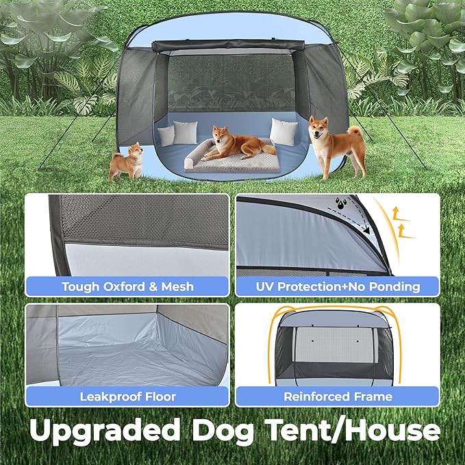 EighteenTek XLarge Popup Portable Dog Houses, 5.3'x4'H Assembly-Free Gazebo-Style Dog Cot Cat Playpen Screen Pet Tent Sun Shade Shelter Dog Bed with Canopy for Outdoor, Anti-Bugs with Leakproof Bottom-PawvioPets