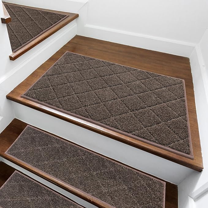 COSY HOMEER Edging Stair Treads Non-Slip Corner Indoor Stair Runners for Wooden Steps,Landing Slip Resistant Stair Rugs for Kids and Dogs, 100% Polyester TPE Backing,Brown,20"X32"-PawvioPets