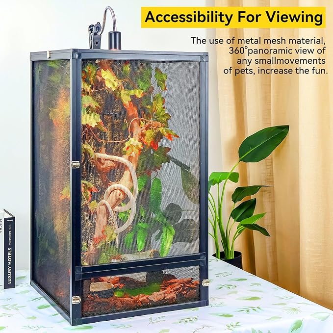 45 Gallon 360° Panoramic Foldable Reptile Terrarium Kit: Crested Gecko Tank and Reptile Cage for Superior Ventilation, Easy Feeding, Sturdiness, and Simple Assembly (Black, 32"x18"x18")-PawvioPets