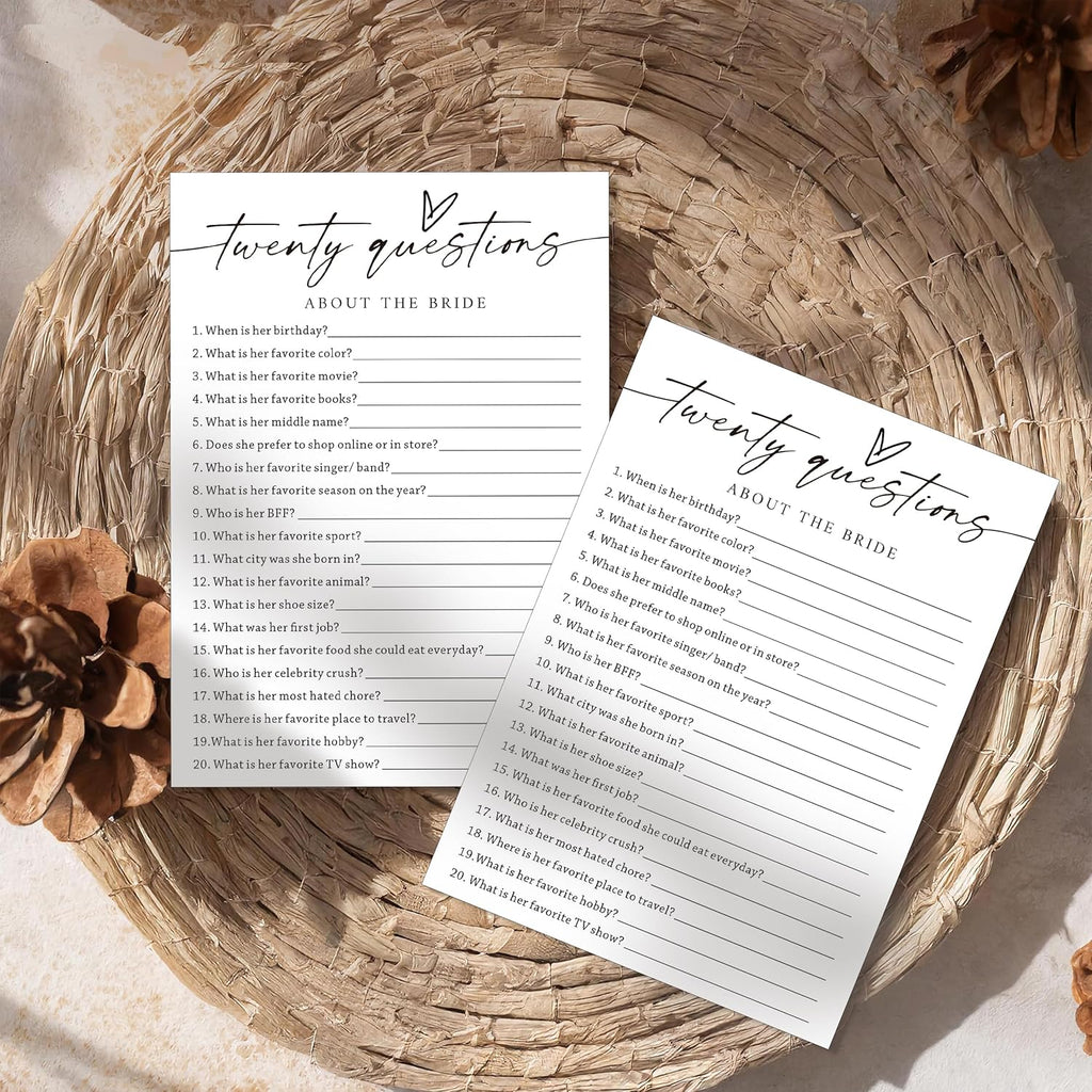 Fun Wedding Shower Games Cards, Twenty Questions About The Bride, Bridal Party Game and Favors for 25 Guests, Bridal Shower Decorations, Minimalist White Wedding Party Supplies - A07