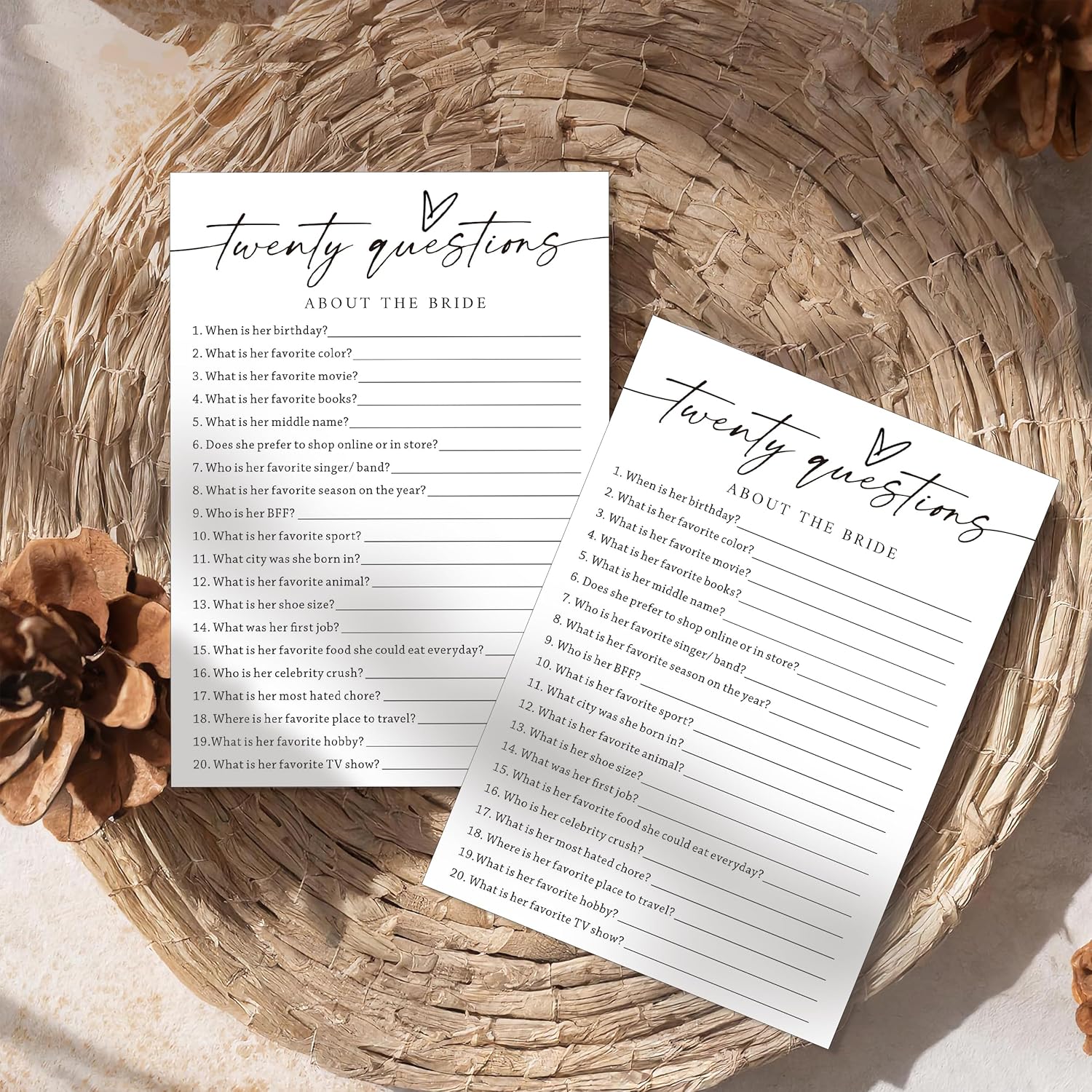 Fun Wedding Shower Games Cards, Twenty Questions About The Bride, Bridal Party Game and Favors for 25 Guests, Bridal Shower Decorations, Minimalist White Wedding Party Supplies - A07