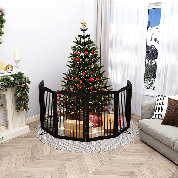 Freestanding Pet Gate for Dogs, Indoor Wooden Foldable Dog Gate for House, Extra Wide, Pet Fence for Stairs, Doorways, Halls, Support Feet Included, 120 Inch Wide, 6 Panels 32",Brown-PawvioPets