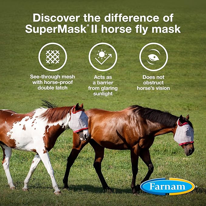 Farnam SuperMask II Fly Mask Without Ears for Foals, Full Face Coverage and Eye Protection from Insect Pests, Structured Classic Styling Mesh with Plush Trim, Foal Size-PawvioPets