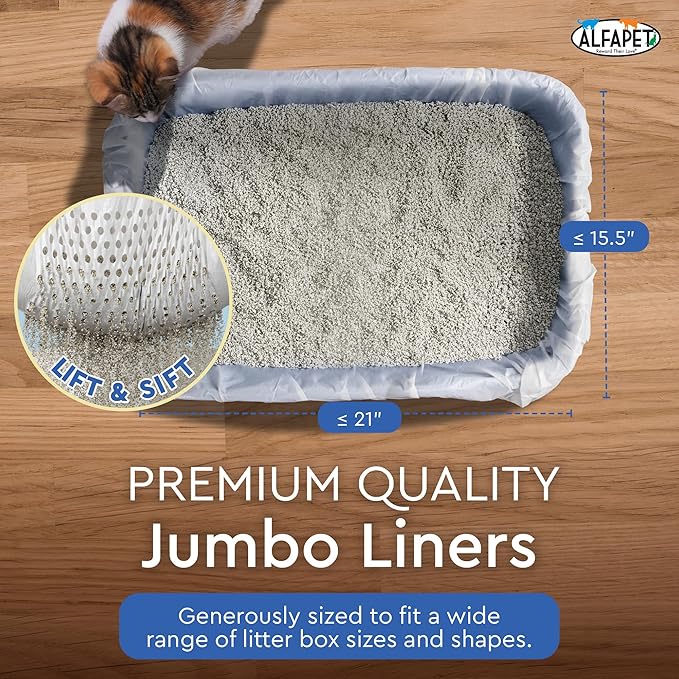 Alfapet Sifting Cat Litter Box Liners - Jumbo 15 Count, Pack of 5 - Tear-Resistant Cat Litter Bags, Waterproof Kitty Litter Liners, Fits Litterbox Pan Sizes X-Large, X-Giant, 37" x 18" 30 lb Capacity-PawvioPets