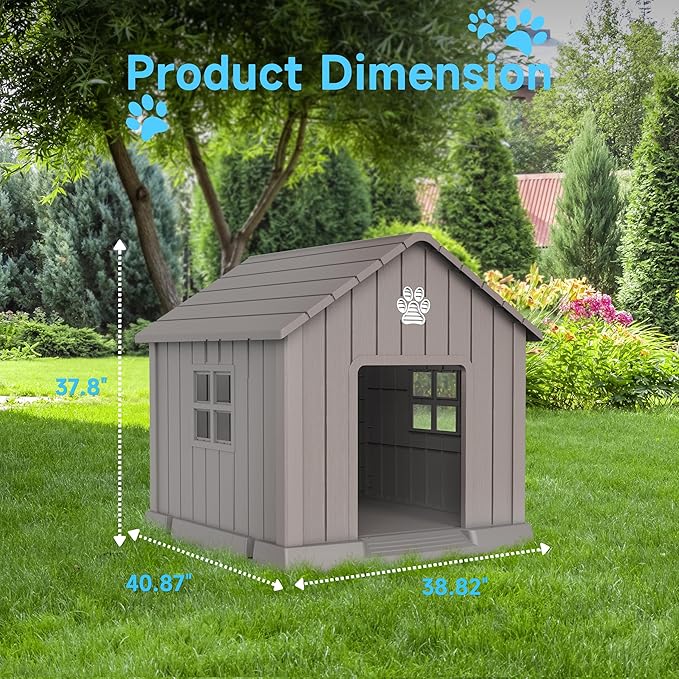 DRATO Dog House Indoor Outdoor for Small to Large Sized Dogs Indoor Outdoor Doghouse Puppy Shelter with Elevated Floor, Easy to Assemble (Light Brown, 38Inch(37.8 * 40.87 * 38.82))-PawvioPets