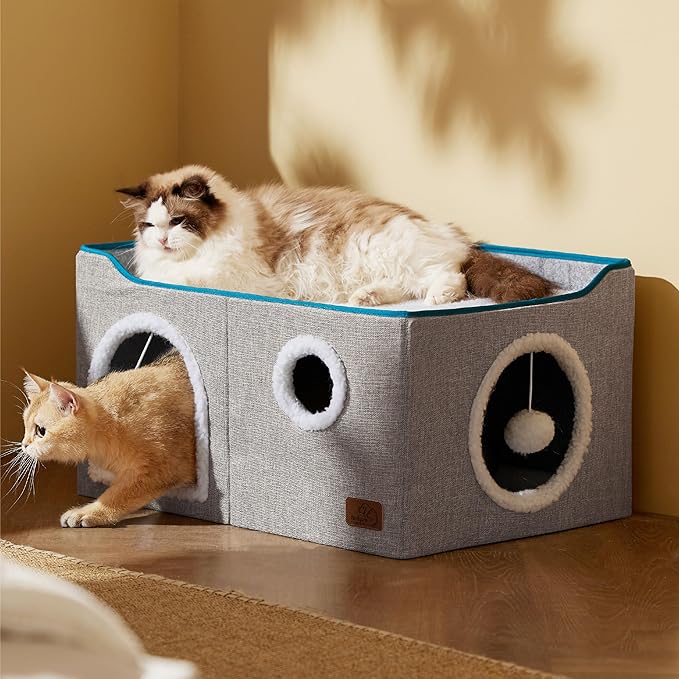 Bedsure Large Cat Beds for Indoor Cats - Extra Wide Cat Cube House for Small Pet with Fluffy Ball Hanging and Scratch Pad, Foldable Pet Cave Hideaway for Multiple Cats, 23.6x16.9x13 inches, Grey-PawvioPets
