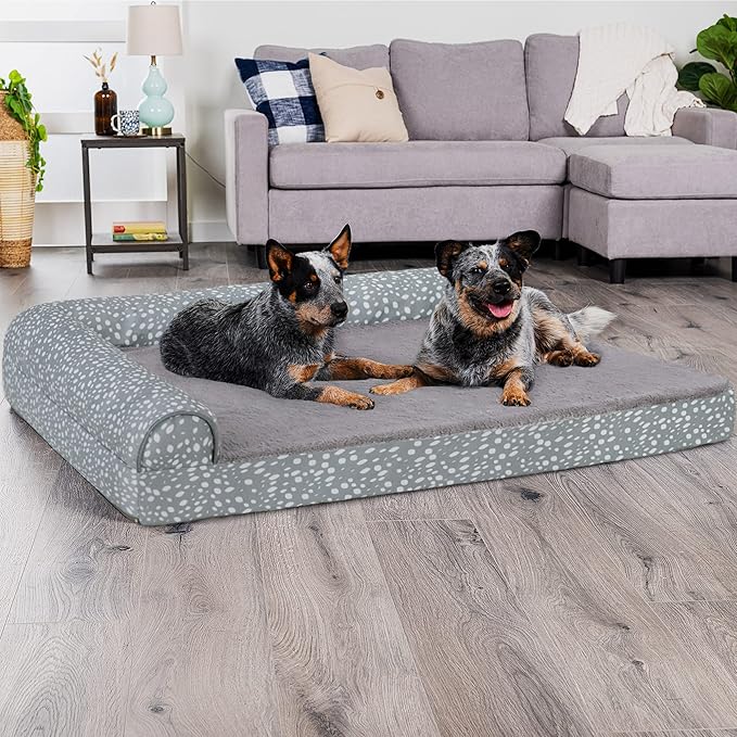 Furhaven Cooling Gel Dog Bed for Large Dogs w/ Removable Bolsters & Washable Cover, For Dogs Up to 125 lbs - Plush & Almond Print L Shaped Chaise - Gray Almonds, Jumbo Plus/XXL-PawvioPets