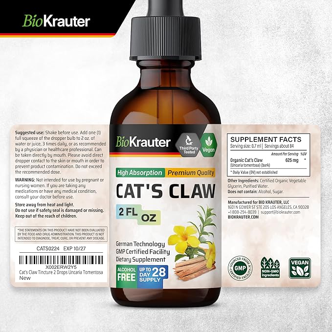 BIO KRAUTER Cats Claw Tincture - Vegan Cat's Claw Supplement - Immune Support - Alcohol & Sugar Free Extract - Vegan Drops 2 Fl.Oz.-PawvioPets